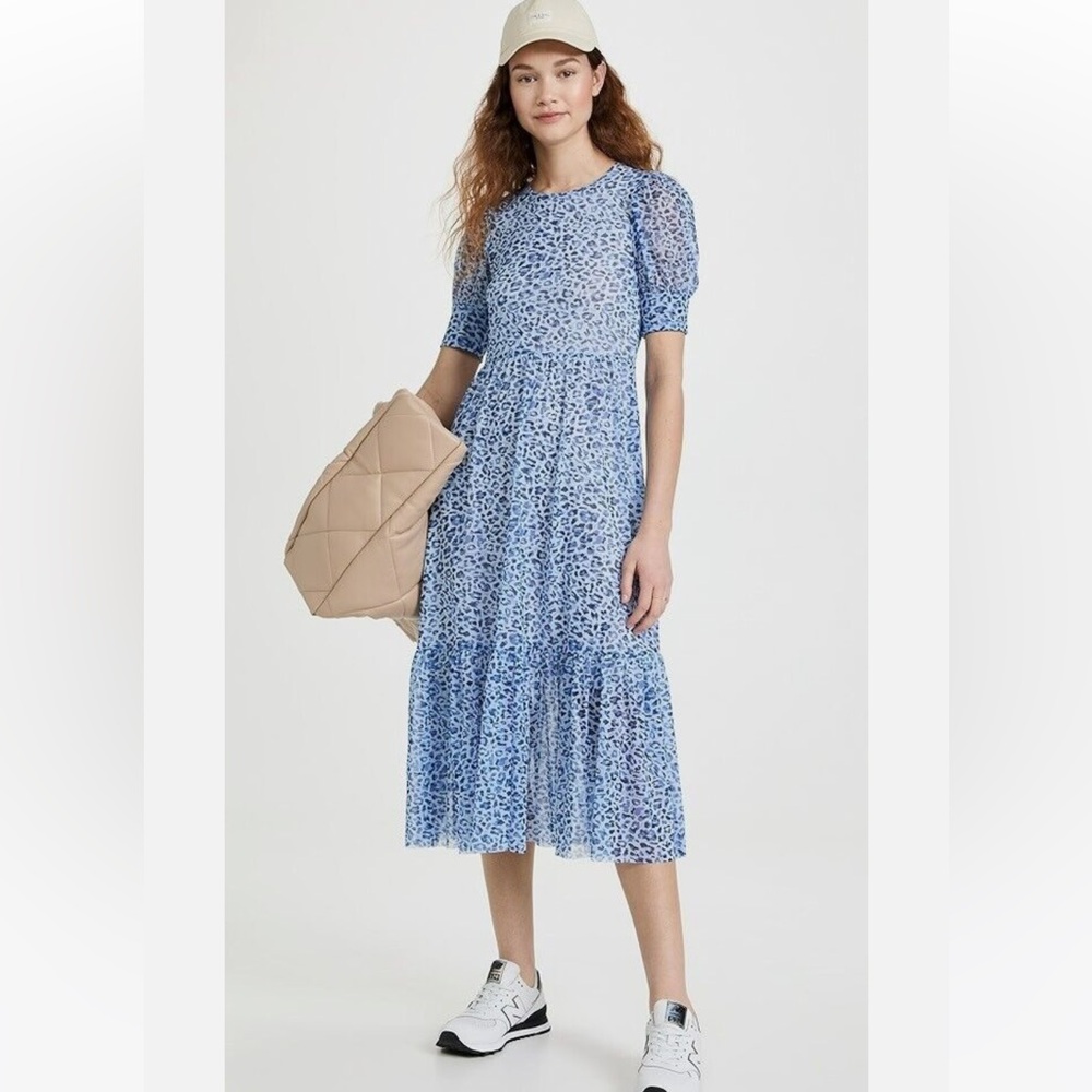 NWT BAUM UND PFERDGARTEN Jocelyn Puff Sleeve Midi Tiered Mesh Dress Blue Leopard